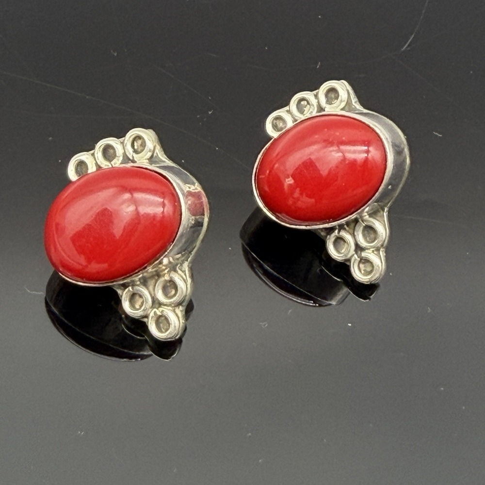 Vintage Mexican Taxco Sterling Silver 925 Oval Red Coral Pierced Earrings